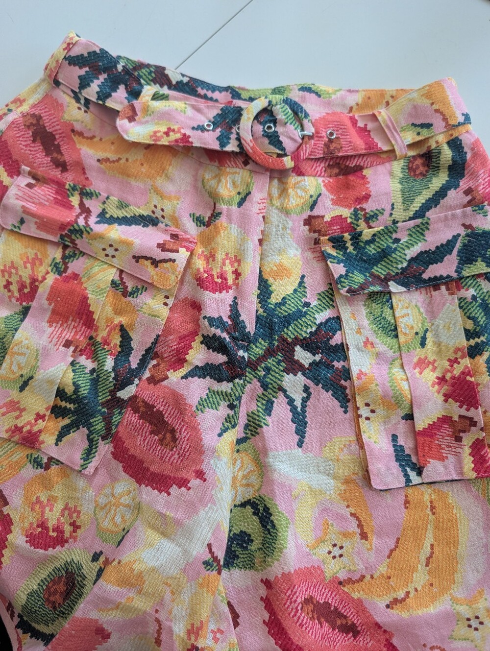 Pink, yellow,coral, green tropical print High-Waist Women’s  Shorts with Belt